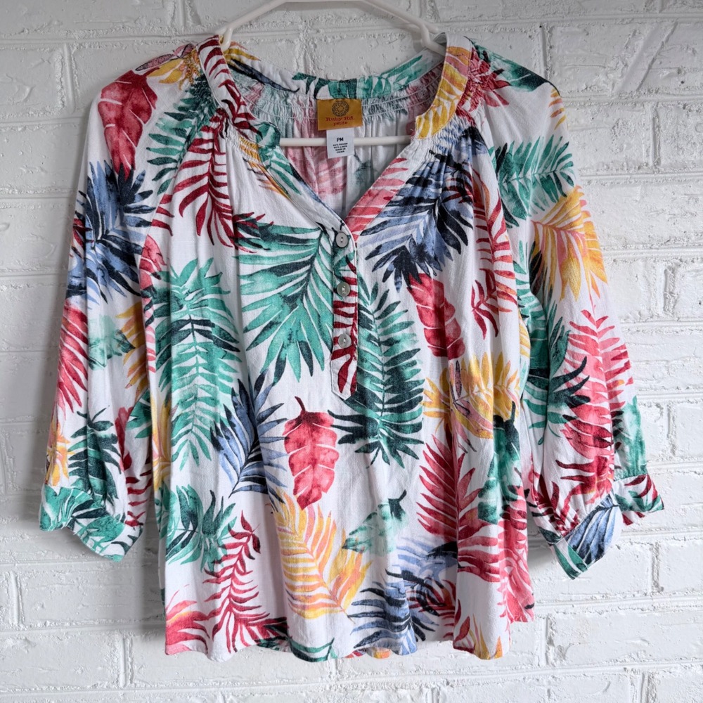 Ruby Rd Petite Tropical Leaf Print‎ V Neck Button Front Blouse Multi Color